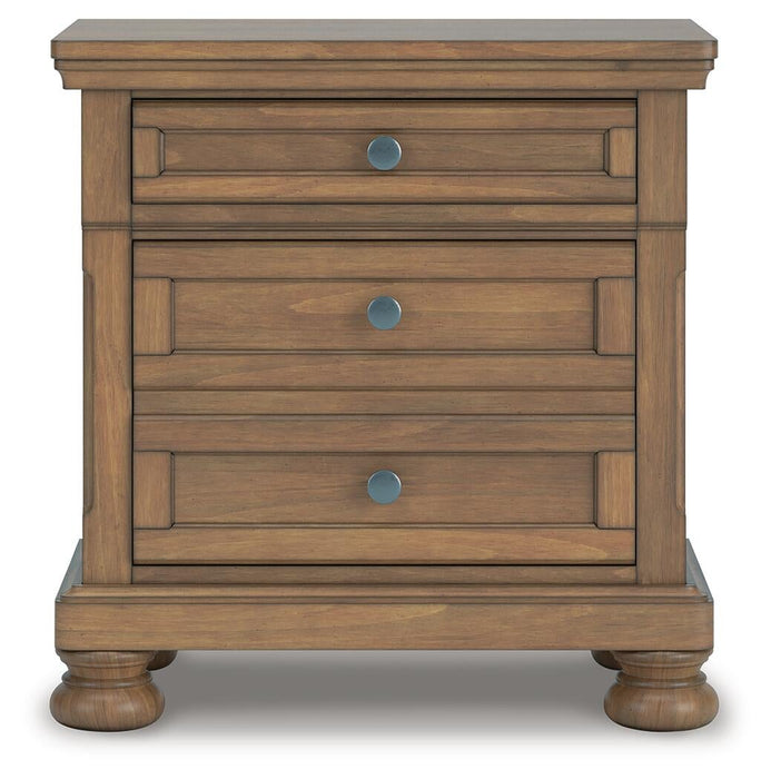 Vandenmore California King Storage Sleigh Bed with Mirrored Dresser and Nightstand