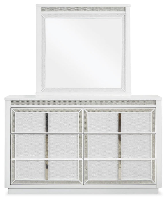 Chalanna California King Upholstered Storage Bed, Dresser, Mirror and Nightstand