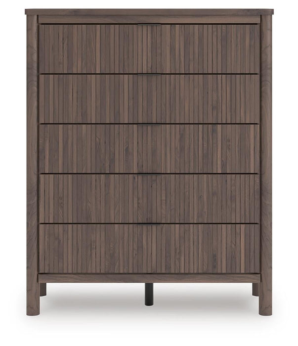 Cadmori Twin Upholstered Panel Platform Bed, Dresser, Mirror, Chest and Nightstand