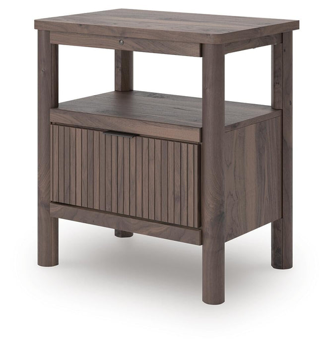 Cadmori Queen Upholstered Panel Bed, Dresser, Mirror, Chest and Nightstand